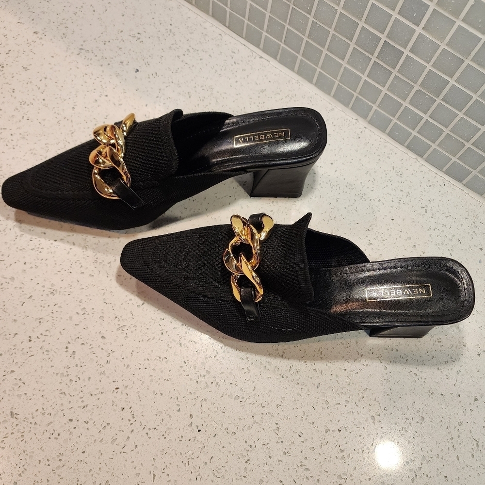 Newbella Black Pointed Slip-On Mules with Gold Chain Accent - Picture 9 of 14